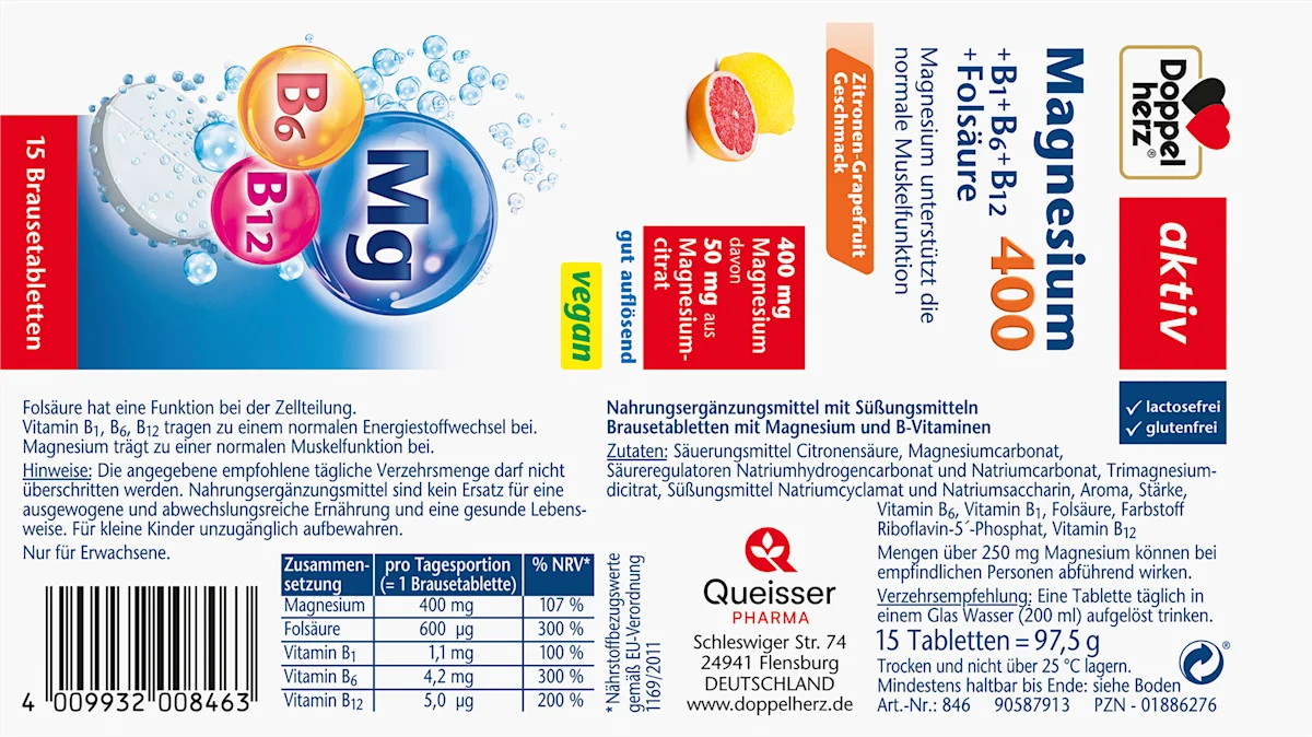 💊 Doppelherz Magnesium 400 + B1 + B6 + B12 + Folsäure — 15 comprimés effervescents