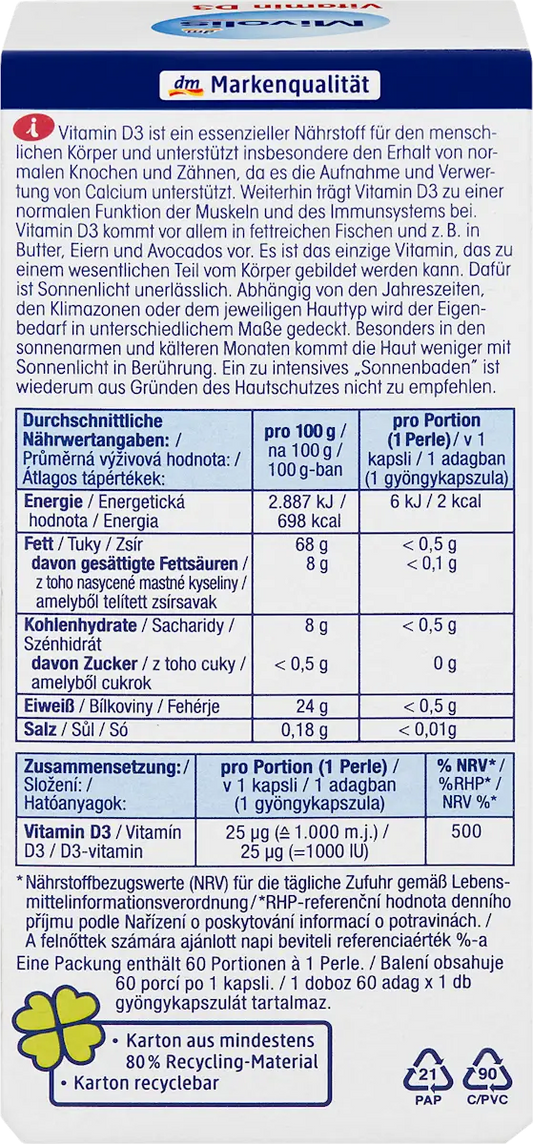 💊 Mivolis Vitamine D3 – 60 Perles (1000 I.E.)