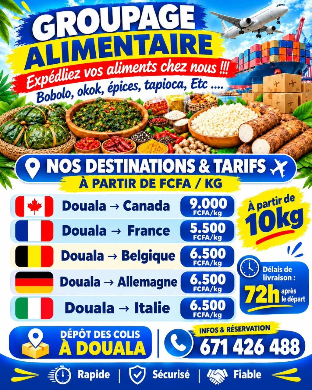 Groupage alimentaire Douala → France, Belgique, Allemagne, Italie, Canada – dès 5 500 FCFA/kg – photo 1