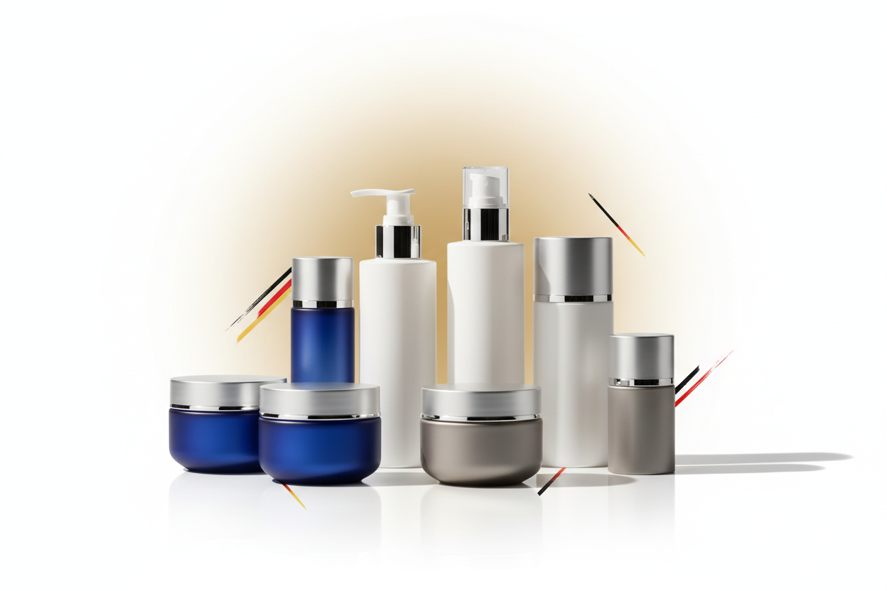 1920×900 e-commerce banner featuring premium German products (Nivea, Balea, Dove–generic shapes), clean white background with soft gold gradient. Add German flag details. Hyper-realistic, high-end lighting. No text.