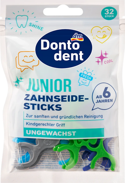 🦷 Bâtonnets de soie dentaire Dontodent Jr — dès 6 ans (32 pcs)
