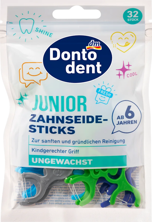 🦷 Bâtonnets de soie dentaire Dontodent Jr — dès 6 ans (32 pcs)