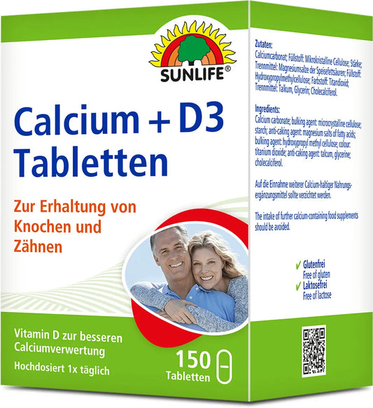 Sunlife Calcium 400mg + Vitamine D3 – Solidité Osseuse & Dents – 150 Tablettes (Allemagne)