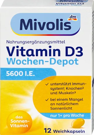 Mivolis Vitamine D3 5600 I.E. – Dépôt Hebdomadaire (Immunité & Os) – 12 Capsules (Allemagne)