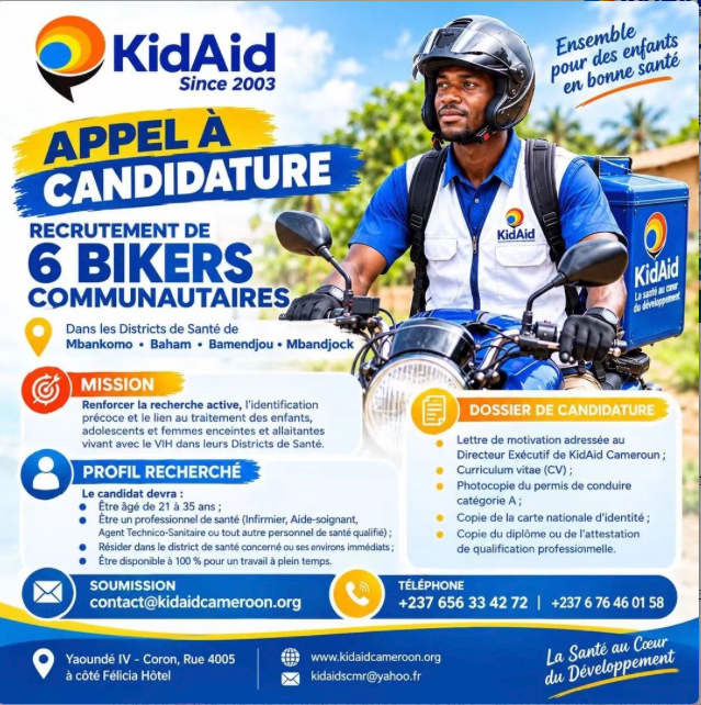 Recrutement : 6 bikers communautaires – KidAid Cameroun – photo 1