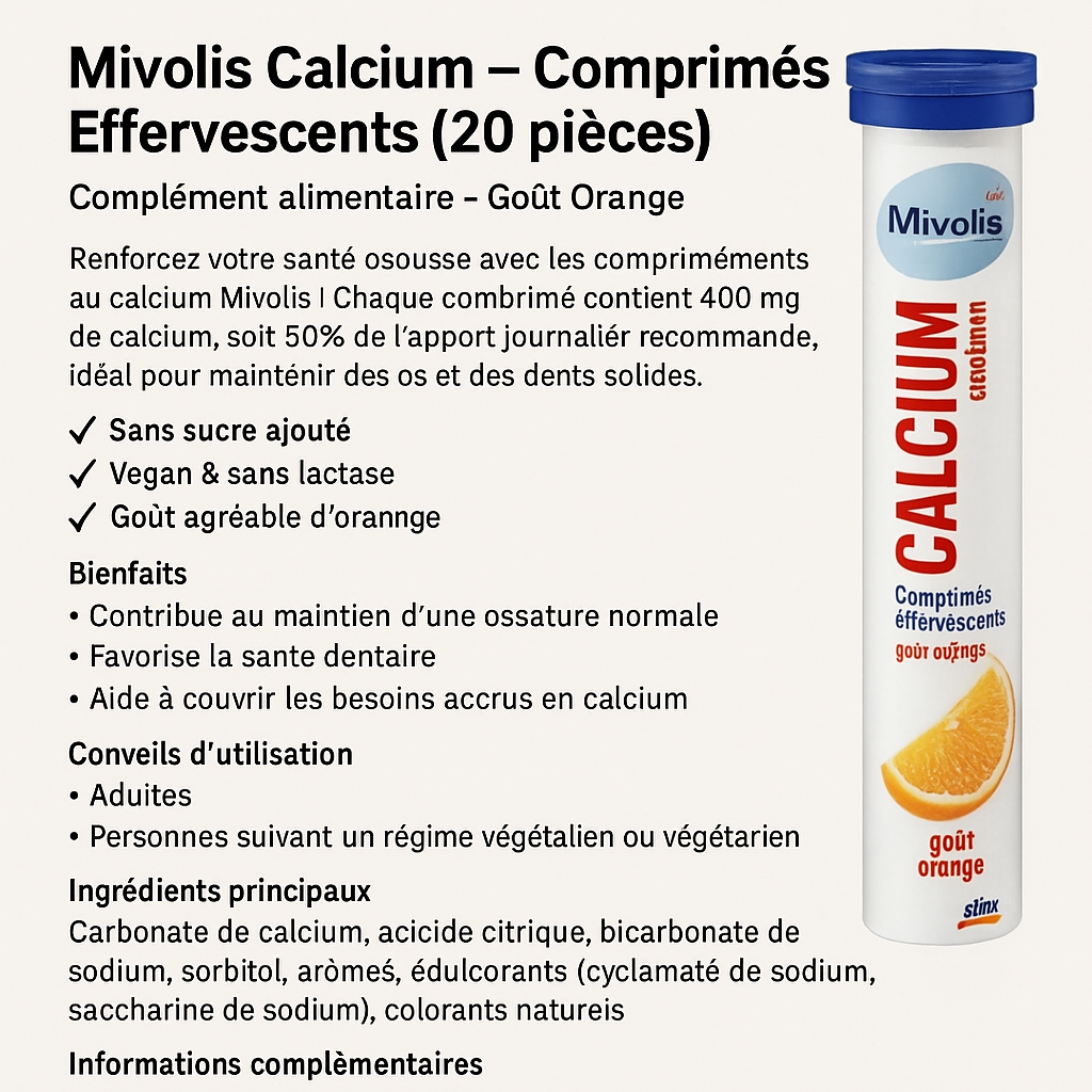 Mivolis Calcium – Comprimés Effervescents (20 pièces) Complément alimentaire – Goût Orange