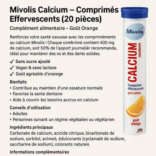 Mivolis Calcium – Comprimés Effervescents (20 pièces) Complément alimentaire – Goût Orange
