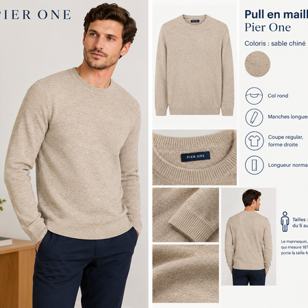 Pier One Pull col rond en maille chinée sable