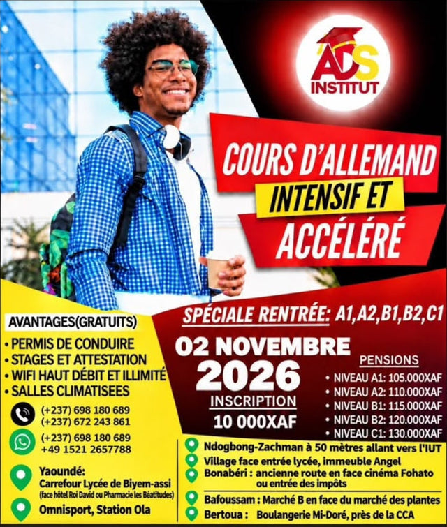 ADS Institut – cours d'allemand intensifs A1 à C1 à Yaoundé, Douala, Bafoussam et Bertoua : rentrée le 2 novembre 2026