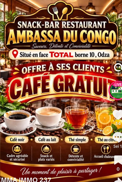 Snack-bar restaurant Ambassa du Congo à Odza – café gratuit offert à ses clients