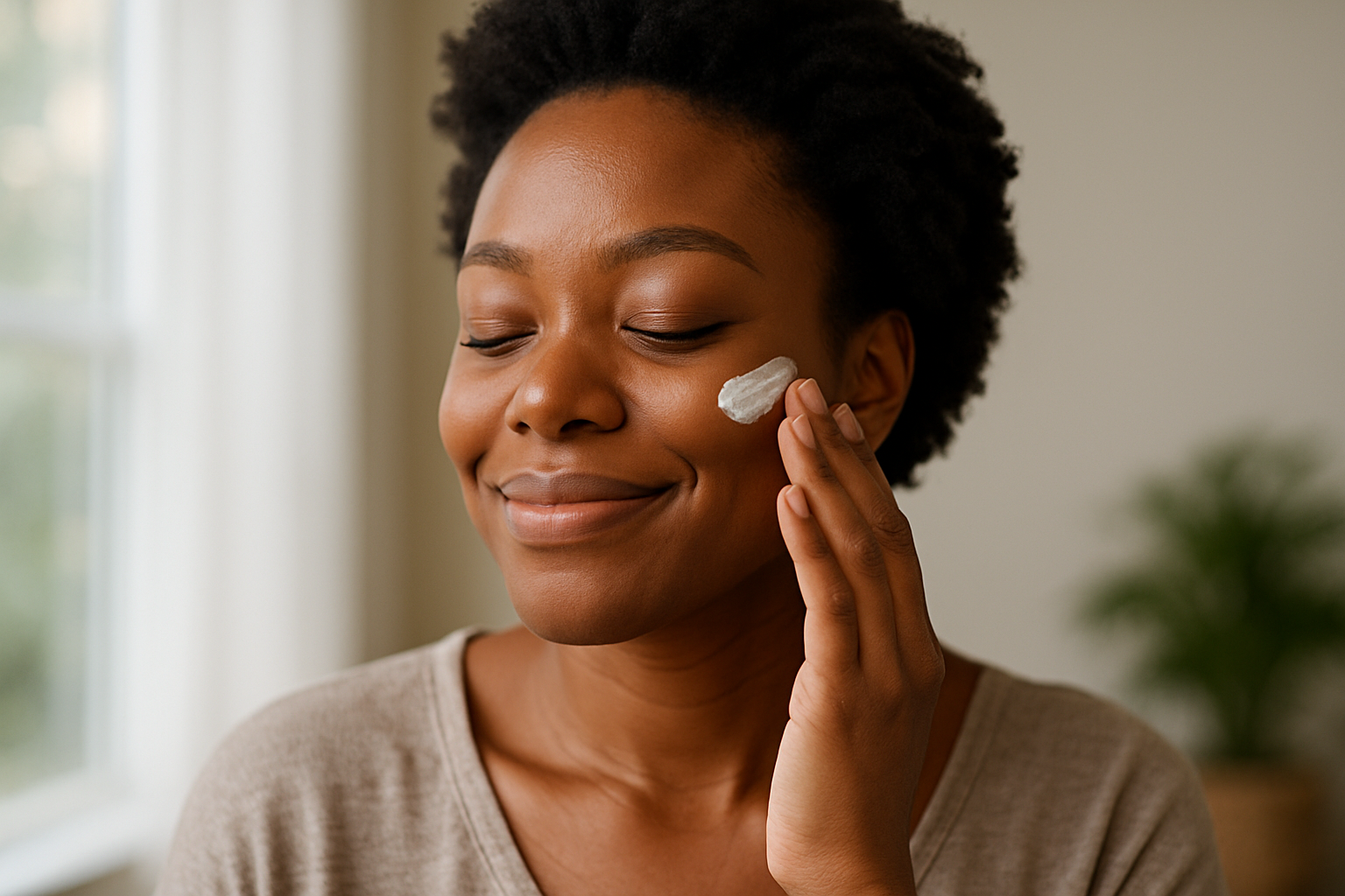 Cette crème est parfaite pour ma peau grasse. Elle hydrate sans alourdir et laisse un fini mat tout au long de la journée. J'apprécie particulièrement qu'elle soit sans alcool, sans parfum et sans parabènes, ce qui est rare pour un produit aussi efficace. Je l'utilise matin et soir, et ma peau est plus nette et plus douce. genere une femme africaine brune qui aurait ecrit ce commentaire