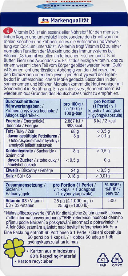 💊 Mivolis Vitamine D3 – 60 Perles (1000 I.E.)