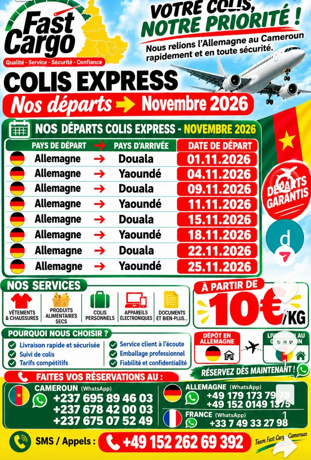 Fast Cargo – colis express Allemagne → Douala / Yaoundé, départs novembre 2026, dès 10 €/kg – photo 1