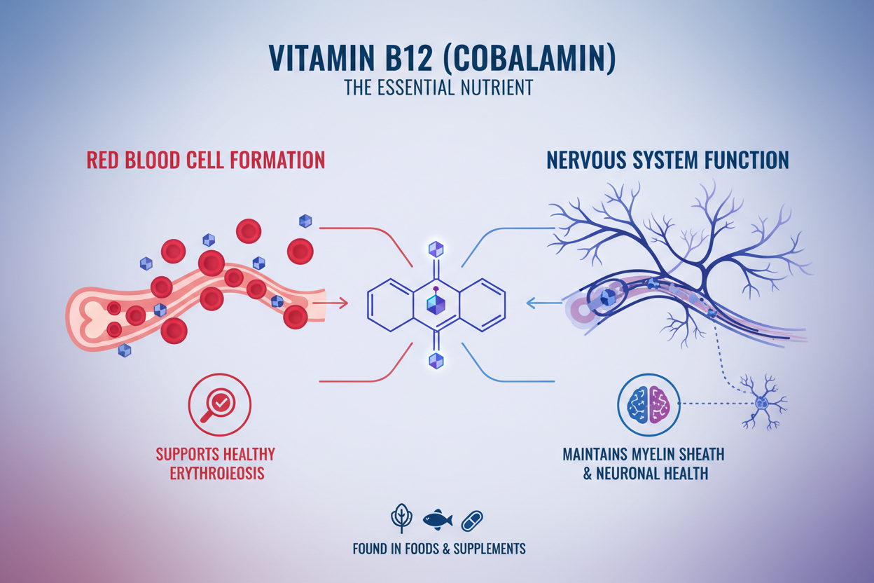 La vitamine B12 est essentielle pour la formation des globules rouges et le bon fonctionnement du système nerveux. Découvrez son rôle.