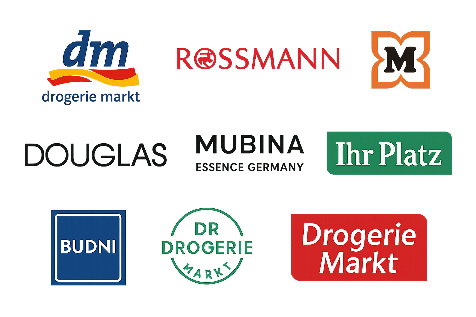 Les logo des marques DM, Rossmann, Müller, Douglas, Mubina Essence Germany, et bien d'autres Drogerie allemandes 