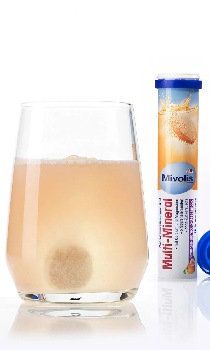 Mivolis Multi-Mineral – 20 Comprimés Effervescents (Goût Orange-Maracuja) – Énergie et vitalité au quotidien !