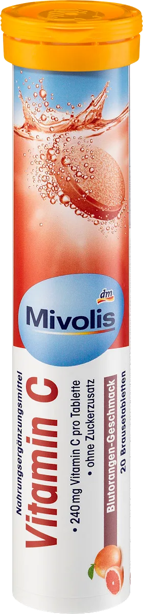 Mivolis Vitamine C – 20 Comprimés Effervescents (Goût Orange-Sanguine) – Immunité renforcée, énergie retrouvée !