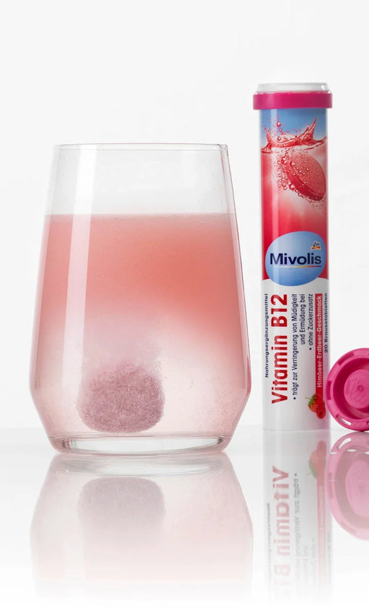 Mivolis Vitamine B12 – 20 Comprimés Effervescents (Goût Framboise-Fraise) – Énergie fruitée, fatigue évaporée !