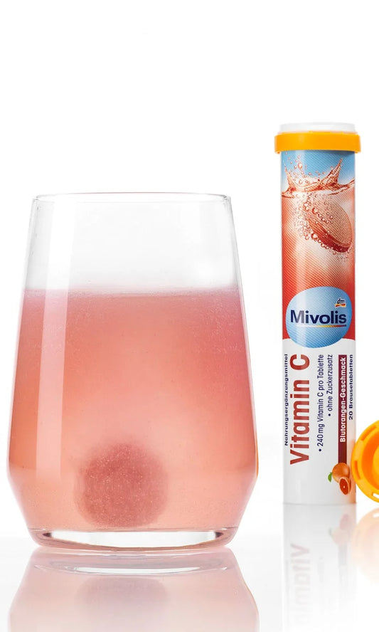 Mivolis Vitamine C – 20 Comprimés Effervescents (Goût Orange-Sanguine) – Immunité renforcée, énergie retrouvée !