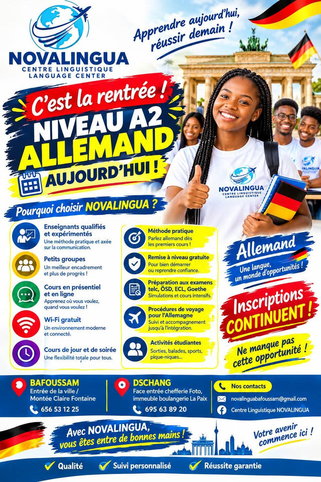 NOVALINGUA – cours d'allemand niveau A2, inscriptions ouvertes (Bafoussam et Dschang)