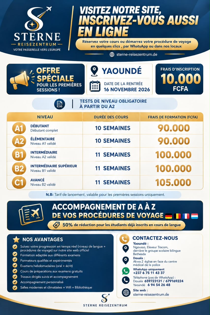 Sterne-Reisezentrum – cours d'allemand A1 à C1 à Yaoundé et Douala, rentrée le 16 novembre 2026 (dès 90 000 FCFA) – photo 1