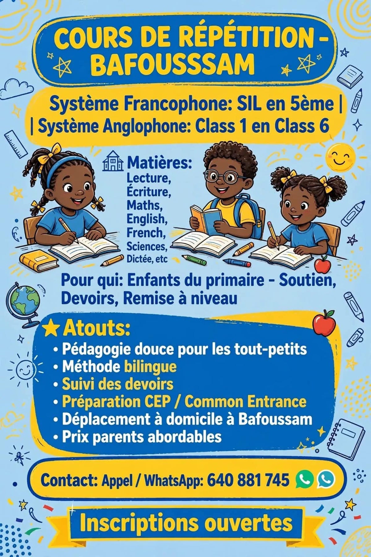 Cours de répétition à domicile à Bafoussam – primaire francophone et anglophone, préparation CEP / Common Entrance – photo 1