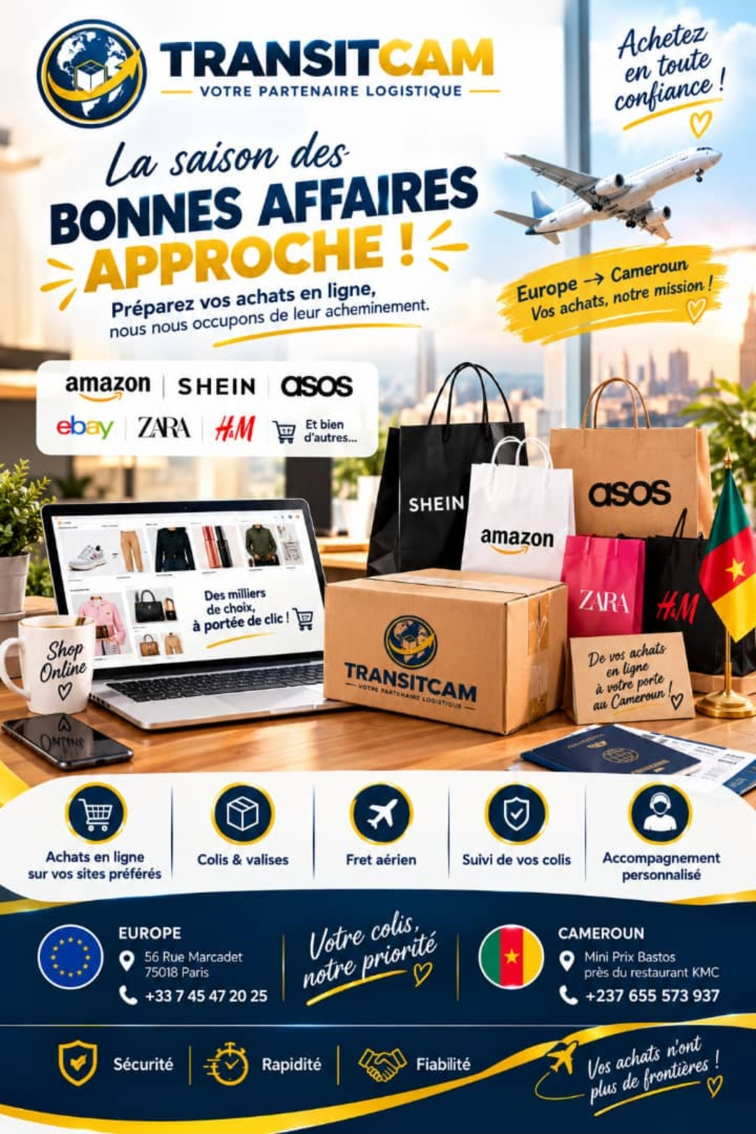 TransitCam – colis, valises et achats Amazon, Shein ou Chine livrés au Cameroun : dépôt à Paris et Pontoise, réception à Yaoundé Bastos – photo 2