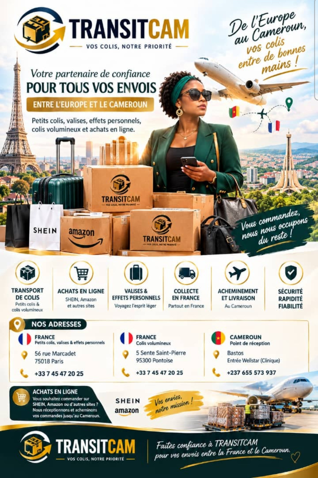TransitCam – colis, valises et achats Amazon, Shein ou Chine livrés au Cameroun : dépôt à Paris et Pontoise, réception à Yaoundé Bastos – photo 1