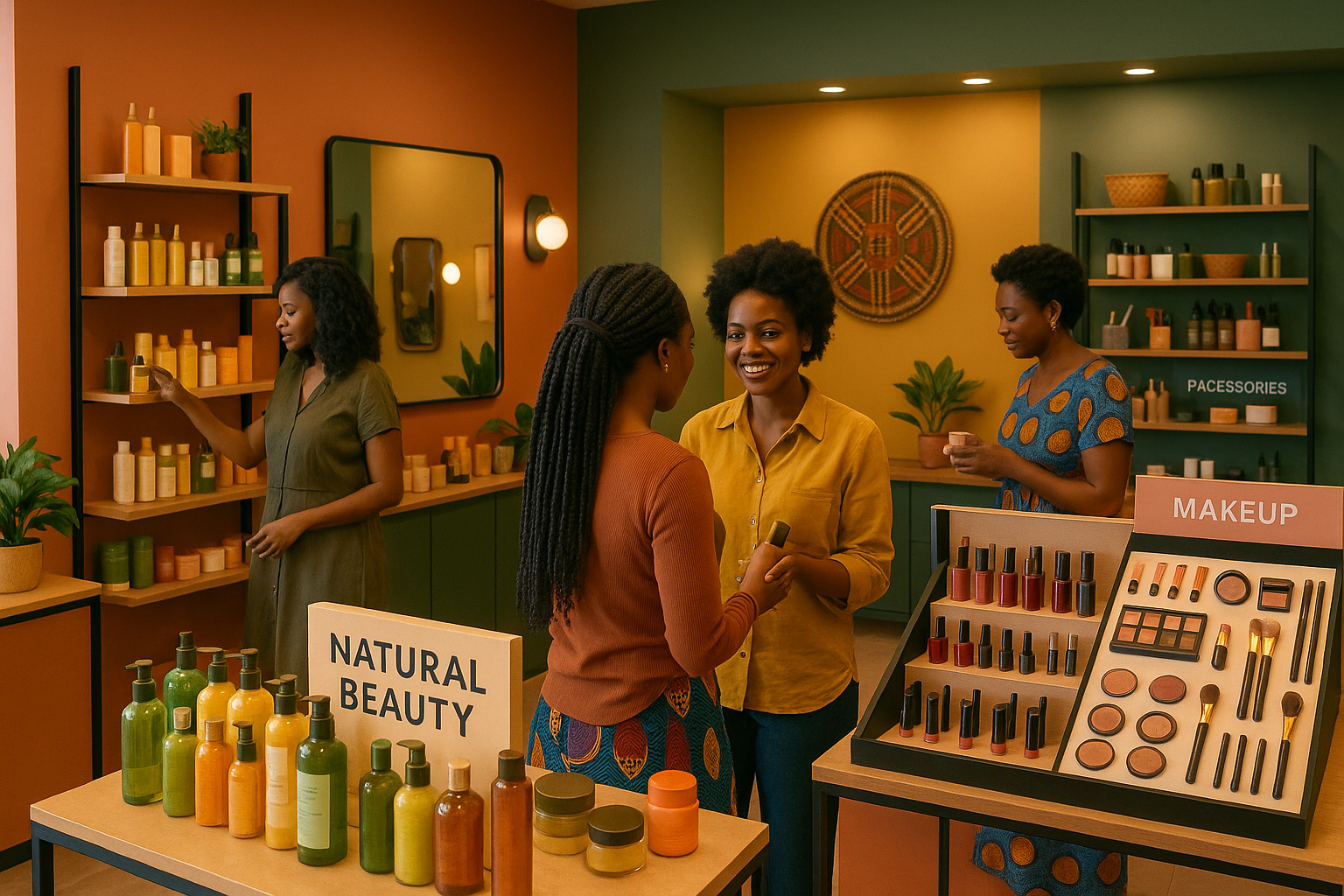 Une boutique de vente de produits cosmétiques au Cameroun avec quelques clients 