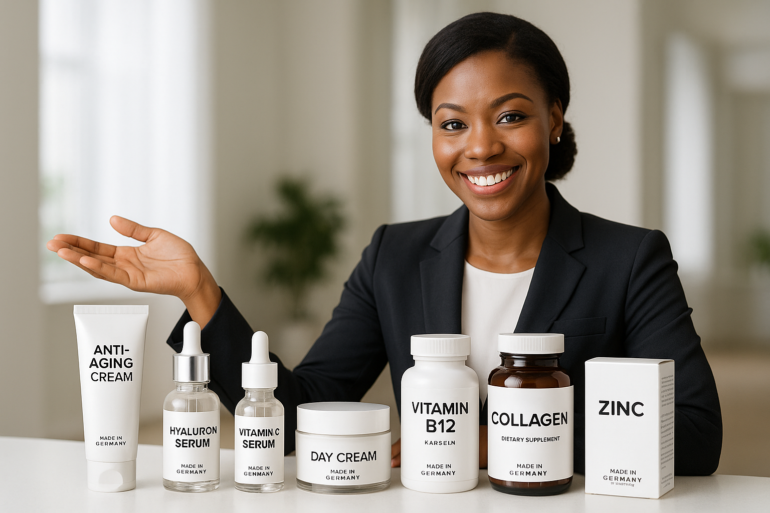 Une jolie femme camerounaise présentant les produits cosmétiques allemands les plus vendus au Cameroun ainsi que les compléments alimentaires 