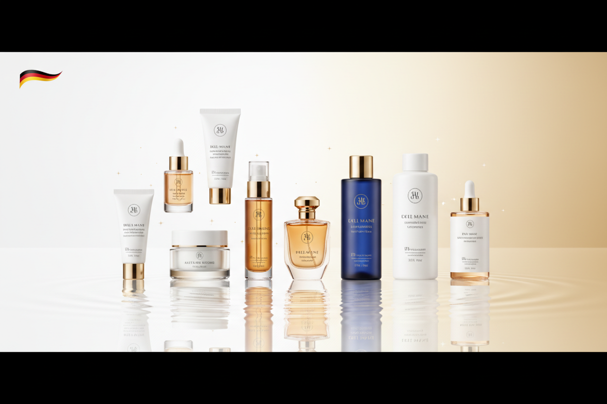 Wide e-commerce banner 1920×900, clean and modern design, premium German products theme. Background: soft light gradient (white → light gold), subtle reflections for a luxury feel. In the center: neatly arranged German beauty and wellness products (creams, serums, vitamins, perfume bottles, hygiene products). Add subtle sparkles for a “quality from Germany” feel. Add a small German flag ribbon in the top-left corner. Include soft dropshadow under products. Overall aesthetic: clean, minimalist, high trust, A